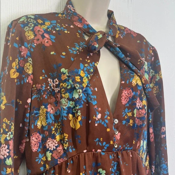 Zara - Colorful Floral Neck Tie Long Sleeve Deep V Neck Midi Dress Size Large - Picture 4 of 12